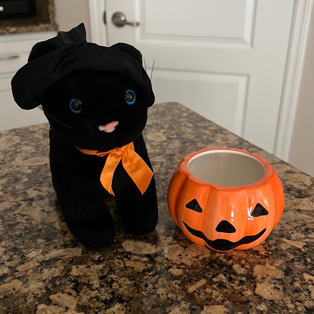 Halloween Black Cat & Ceramic Pumpkin